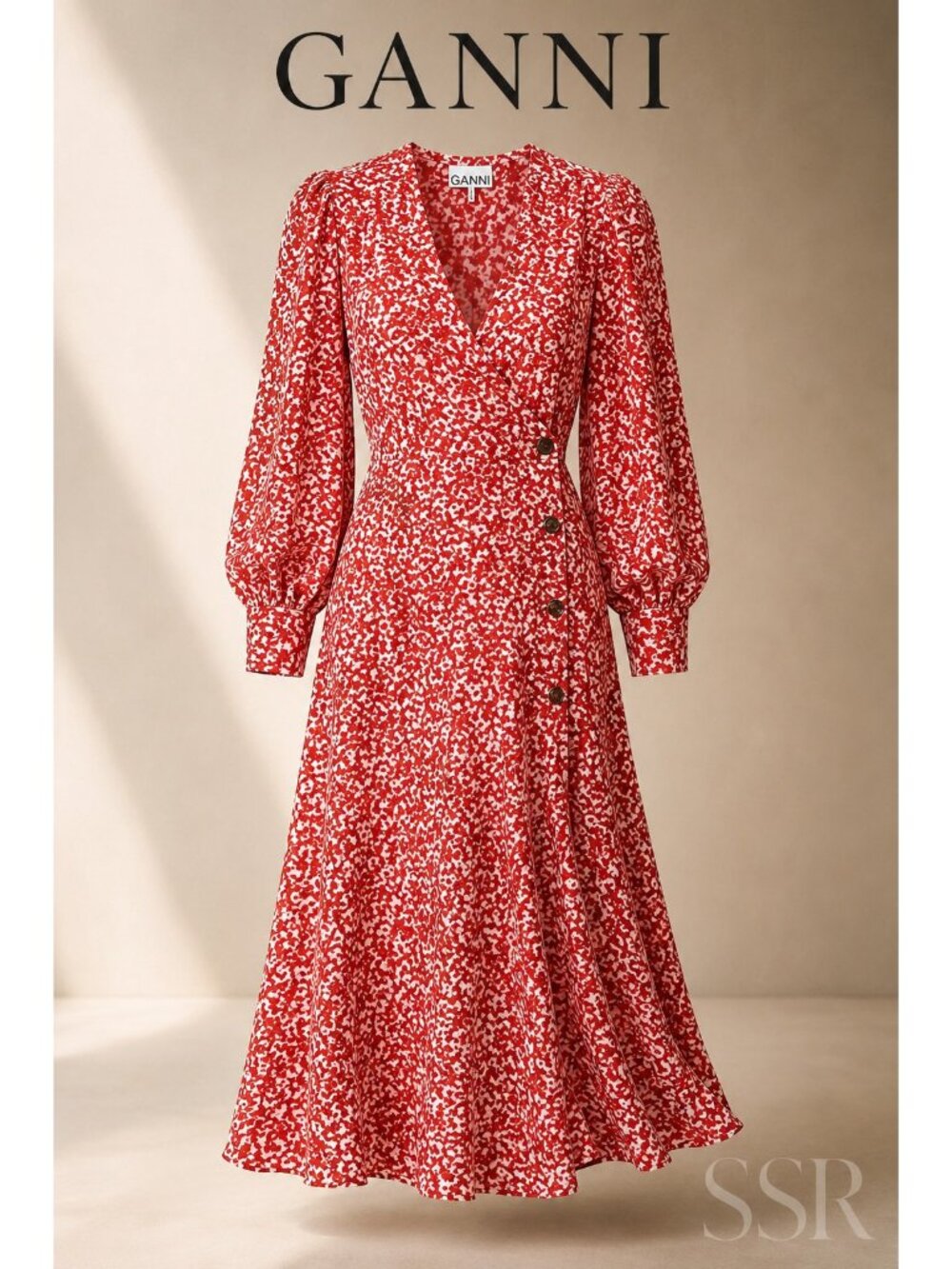 GANNI Red Printed Crepe Wrap Midi Dress EU 42 US 10 12 Long Sleeve Floral V-Neck